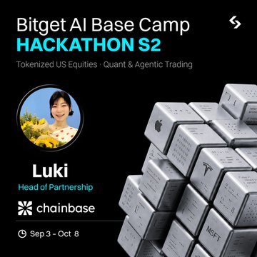 A promotional graphic for 'Bitget AI Base Camp HACKATHON S2' featuring Luki, Head of Partnership at Chainbase, with dates Sep 3 - Oct 8.