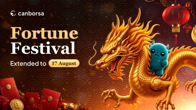 A promotional graphic for Canborsa's "Fortune Festival" extended to 17 August, featuring a golden dragon with a small blue creature, red lanterns, and red envelopes.