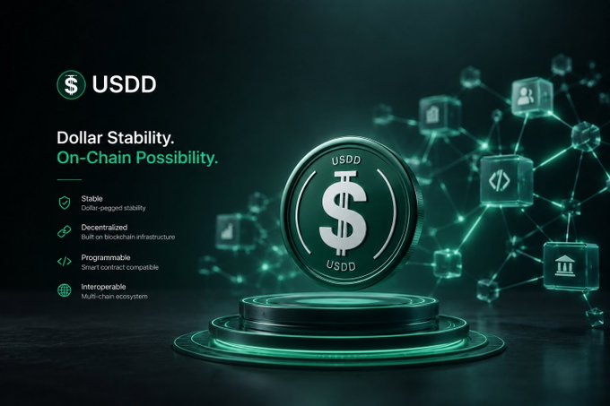 A promotional graphic for USDD cryptocurrency, highlighting 'Dollar Stability. On-Chain Possibility.' with features like stability, decentralization, programmability, and interoperability, featuring a large USDD coin illustration.