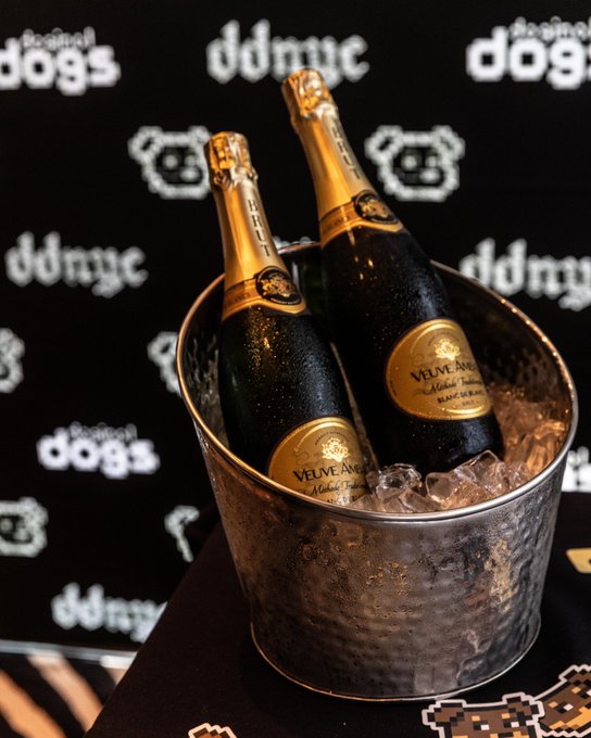 Two bottles of Veuve Clicquot champagne chilling in an ice-filled metal bucket, set against a backdrop with 'ddnyc' and 'daughters of the revolution dogs' logos.