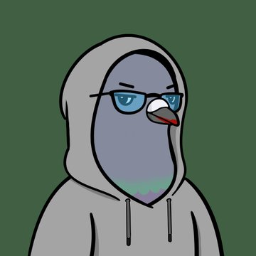 A simple cartoon illustration of a pigeon wearing sunglasses and a gray hoodie against a dark green background.