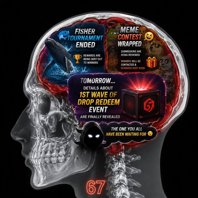 A graphic of a translucent skull filled with text announcing "FISHER TOURNAMENT ENDED," "MEME CONTEST WRAPPED," and "TOMORROW... DETAILS ABOUT 1ST WAVE OF DROP REDEEM EVENT ARE FINALLY REVEALED," featuring the number 67.