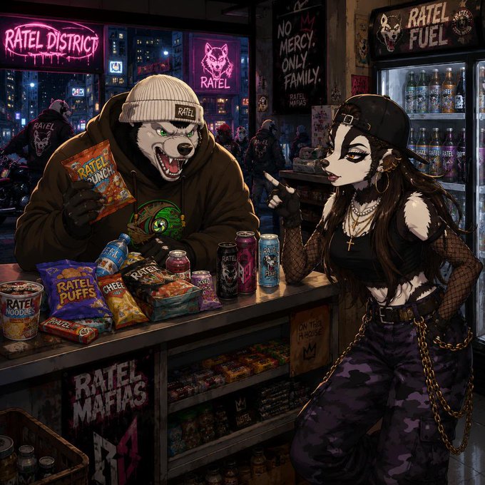 An illustrated scene set in the 'RATEL DISTRICT' showing an anthropomorphic rat character eating chips at a convenience store counter alongside a punk-styled female character, surrounded by RATEL-branded snacks and drinks under neon signs.