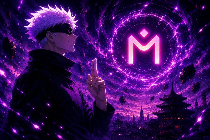 Anime-style illustration of a white-haired character with a blindfold making a hand gesture, standing before a swirling purple vortex containing a glowing pink 'M' logo, with a cityscape and Japanese temple visible below.