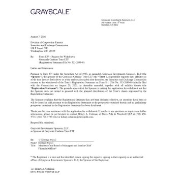 The image shows a July 31, 2026 letter from Grayscale Investments to the Securities and Exchange Commission regarding the withdrawal of its 19b-4 filings for the Grayscale Cardano Trust ETF, Grayscale Hedera Trust ETF, and Grayscale Polkadot Trust ETF, stating the company does not intend to proceed with these product launches.