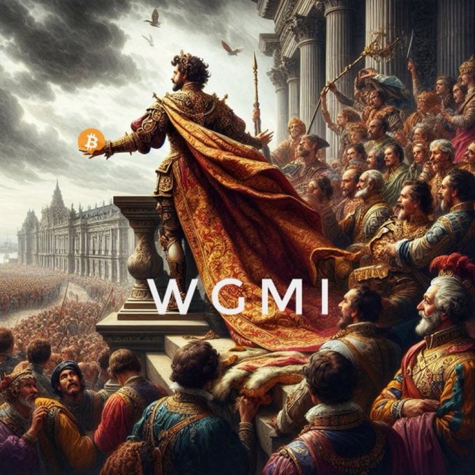An AI-generated classical painting depicting a robed figure holding a Bitcoin symbol while addressing a crowd, with 'WGMI' text overlaid.