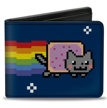 A pixel-art style Nyan Cat wallet featuring the gray cat with a Pop-Tart body leaving a rainbow trail against a dark blue background with white stars.