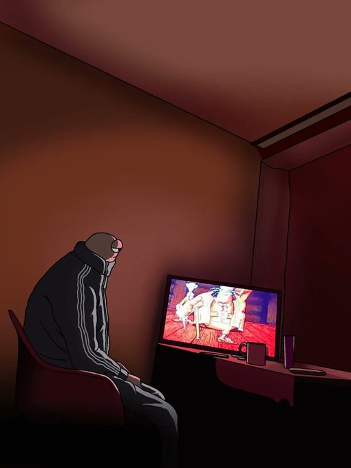 A digital illustration of a hooded figure in a dark tracksuit sitting in a dimly lit room, watching an anime scene on a TV with a mug beside it.