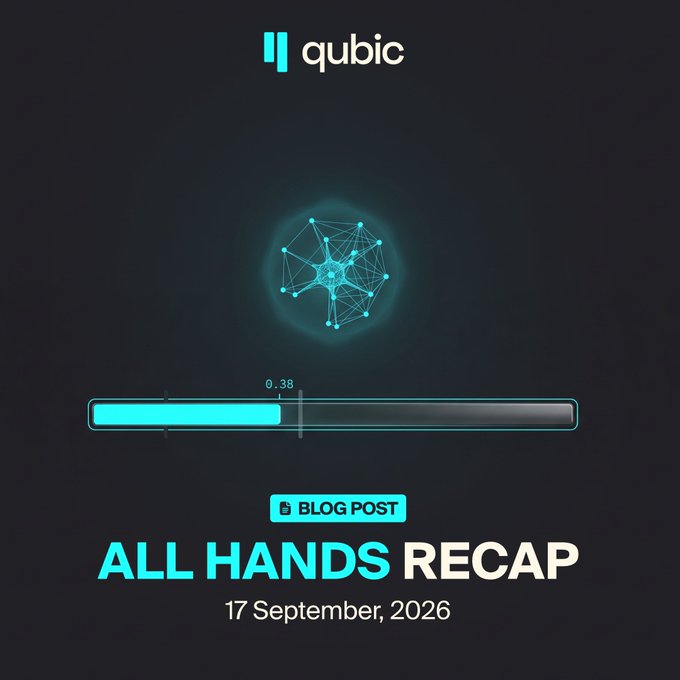A dark-themed graphic for "qubic" features a glowing teal neural network diagram above a progress bar filled to 0.38, which directly corresponds to the Neuraxon AI's new ARC-AGI-3 benchmark score highlighted in the blog post "ALL HANDS RECAP" dated 17 September, 2026.