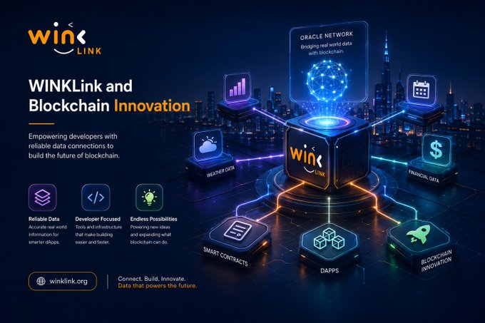A promotional graphic for WINkLink showing 'WINkLink and Blockchain Innovation' with a futuristic cityscape, highlighting features like Reliable Data, Developer Focused, and Endless Possibilities, with the website winklink.org displayed.
