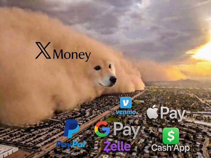 The image features a large dog with its head sticking out of a cloud of dust, surrounded by various logos for different payment methods such as PayPal, Venmo, Google Pay, Cash App, and others. The text "X money" is written above the dog, suggesting that there might be an upcoming event or promotion related to digital currency or online payments.