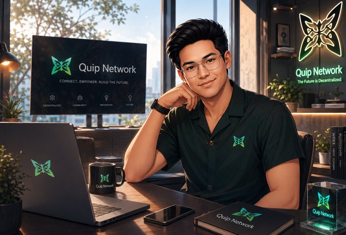 An illustrated image of a young man wearing glasses and a green 'Quip Network' shirt sitting at a desk with a laptop and mug displaying the same logo, with 'CONNECT. EMPOWER. BUILD THE FUTURE.' visible on a monitor behind him.