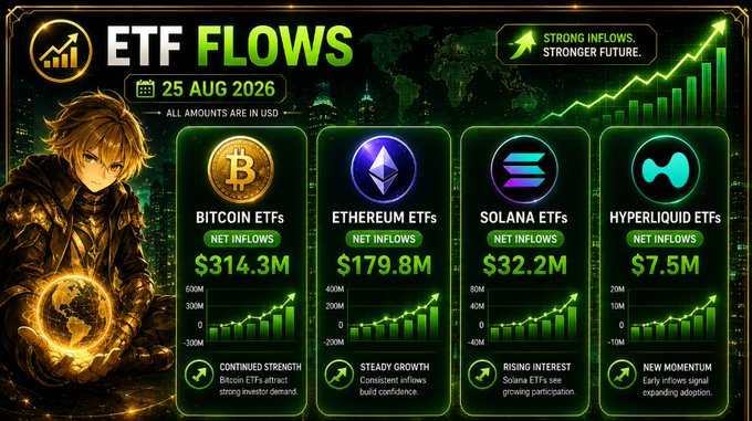 An ETF Flows infographic dated 25 AUG 2026 showing net inflows: Bitcoin ETFs at $314.3M, Ethereum ETFs at $179.8M, Solana ETFs at $32.2M, and Hyperliquid ETFs at $7.5M.