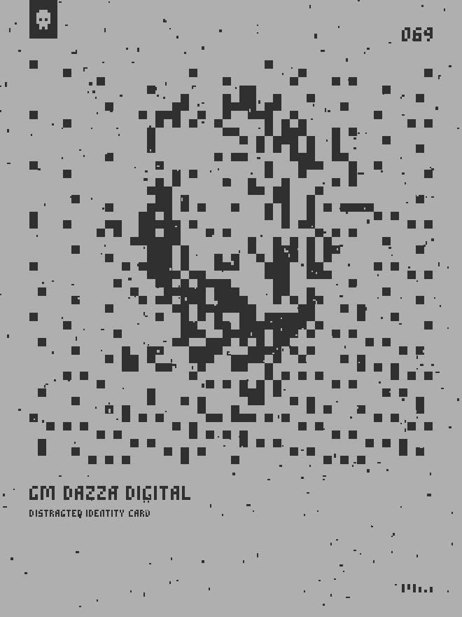 The image shows a screenshot of an album cover for "gm da Zazz Digital Distracted Identity Card". The album cover features a digital illustration composed primarily of small black squares or dots, with a large, central dot that draws attention to its center. The image is presented in black and white, giving it a retro aesthetic. At the top of the image, there's an identifier "gm da Zazz Digital" followed by a postmark "079".