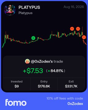 A Fomo app trade screenshot shows @0xZodex's call on Platypus (PLATYPUS) on August 16, 2026, highlighting a +$7.53 (84.81%) gain on a $9 investment that reached a $331.7K exit after entering at $176.8K, which the poster references as the FOMO notification that prompted them to ape into the token before discovering it was likely AI-generated hype.