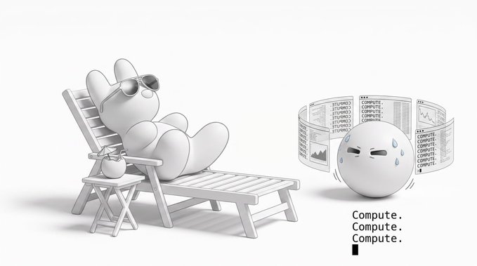 A 3D illustration showing a relaxed figure in sunglasses lounging on a beach chair with a drink, while a stressed, sweating ball labeled 'STUPID2.' is frantically computing next to it.