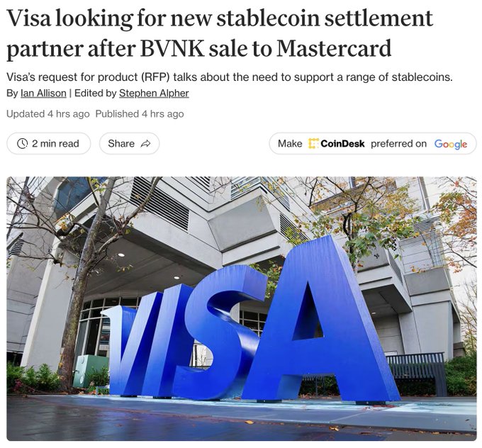 A CoinDesk article reports Visa is seeking a new stablecoin settlement partner after Mastercard's acquisition of BVNK, featuring a headline image of Visa's corporate headquarters with the prominent blue "VISA" logo. The article, written by Ian Allison and edited by Stephen Alpher, notes Visa's request for product (RFP) emphasizes supporting a range of stablecoins, aligning with broader industry shifts in stablecoin infrastructure value.