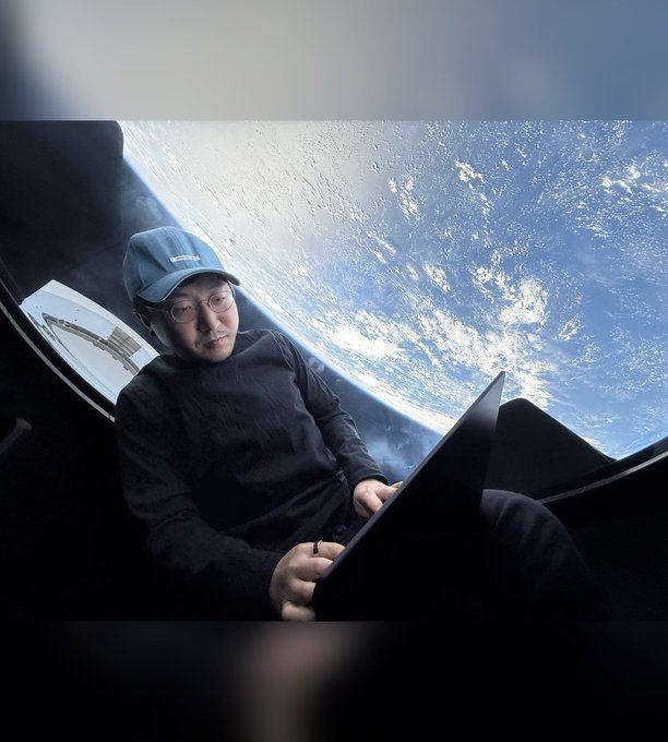 A man in a cap sits by a large spacecraft window overlooking Earth, holding a laptop. The image accompanies a post about F2Pool co-founder Chun Wang saying Zcash’s rally is driven by narrative buying rather than fundamentals matching its market rank.