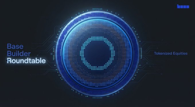A dark blue digital graphic featuring a circular glowing circuit pattern with the text 'Base Builder Roundtable' on the left and 'Tokenized Equities' on the right.