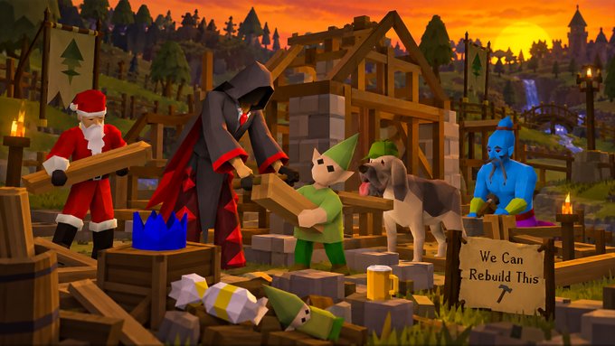 A low-poly 3D scene depicts various characters including Santa, a grim reaper, a gnome, and a dog working together on a construction site with a sign reading 'We Can Rebuild This'.