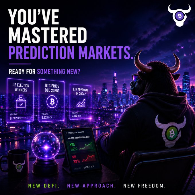A neon-styled promotional graphic reading 'YOU'VE MASTERED PREDICTION MARKETS. READY FOR SOMETHING NEW?' featuring a bull character overlooking a city skyline, with categories for US Election Winner, BTC Price Dec 2025, and ETF Approval in 2024, tagged 'NEW DEFI. NEW APPROACH. NEW FREEDOM.'