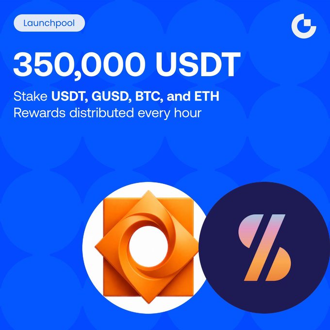A bright blue promotional banner for 'Launchpool' advertising '350,000 USDT' rewards for staking 'USDT, GUSD, BTC, and ETH' distributed every hour, featuring logos of an orange gem-like icon and a pink/orange gradient circle.