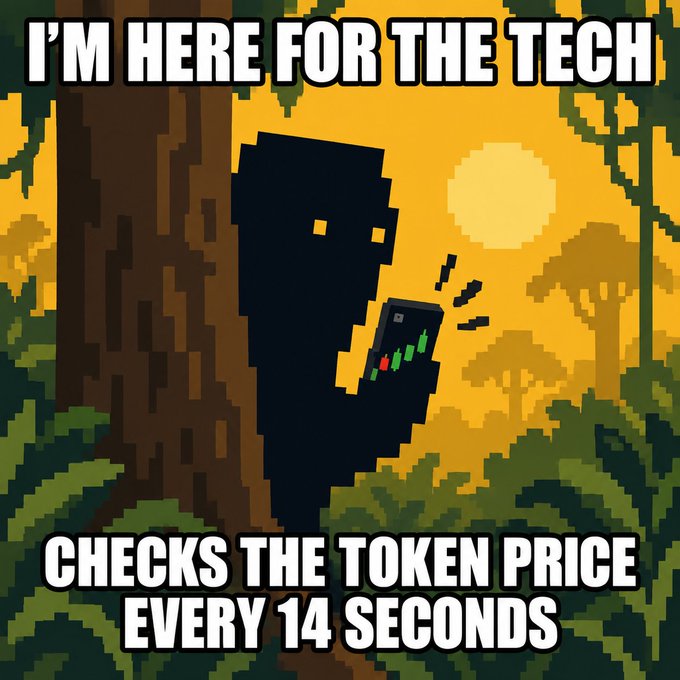 A pixel art meme featuring a shadowy figure behind a tree checking a phone showing a stock graph, with the text "I'M HERE FOR THE TECH" at the top and "CHECKS THE TOKEN PRICE EVERY 14 SECONDS" at the bottom.