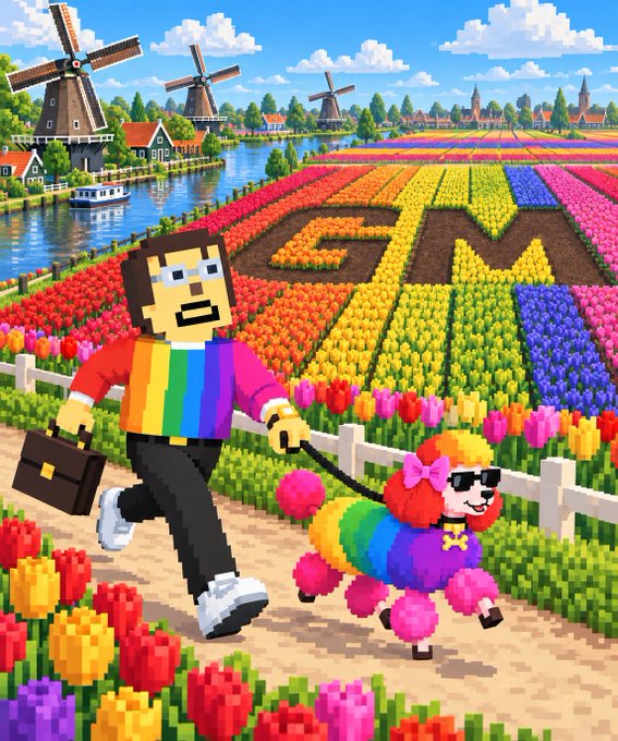 A pixel art image showing a bearded man in a rainbow shirt carrying a briefcase while walking a rainbow-colored poodle through a field of tulips, with 'GMGN' spelled out in the flowers and windmills in the background.
