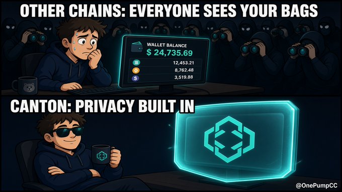 A cartoon meme contrasting 'Other Chains: Everyone Sees Your Bags' (showing a worried character with a visible $24,735.69 balance) vs 'Canton: Privacy Built In' (showing a cool character with sunglasses), credited to @OnePumpCC.