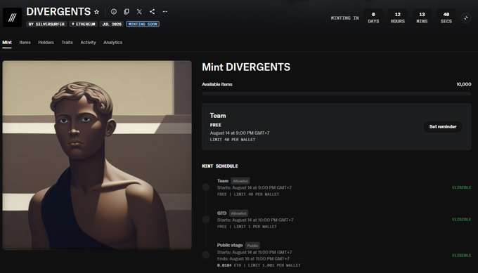 A screenshot of the Divergents NFT minting page by Silversurfer on Ethereum, showing a countdown of 12 hours, 13 minutes, and 40 seconds until the August 14th 9:00 PM GMT+7 public sale, with a limit of 1 mint per wallet at 0.85 ETH. The image displays a 3D rendered character sculpture alongside details about the free team mint and paid GTD/public mint stages, corresponding to the post noting the final hours before minting begins.