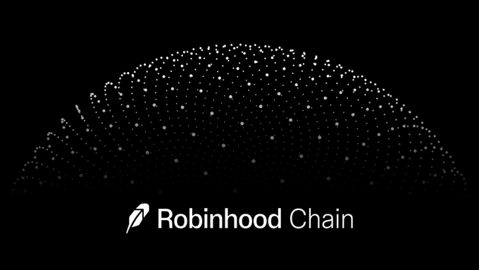 Robinhood Chain logo displayed on a black background with a dome made of illuminated dots above the text.