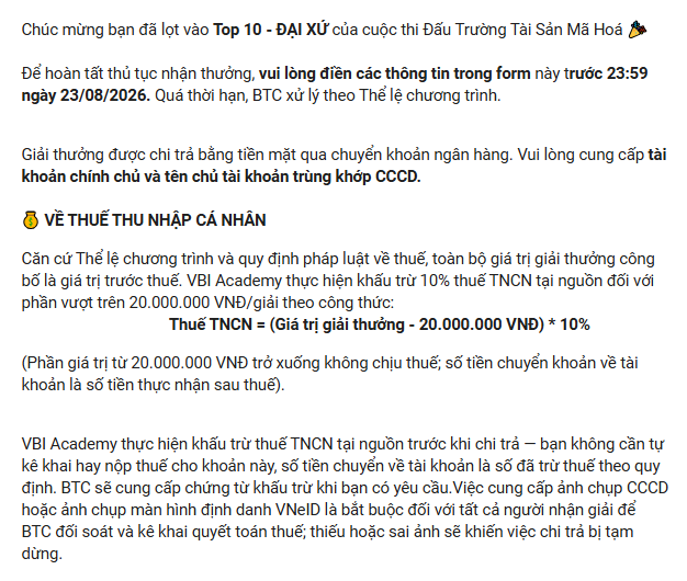 A Vietnamese notice congratulates a Top 10 ĐẠI SỨ winner in the Đấu Trường Tài Sản Mã Hóa contest, requiring bank details by 23:59 on 23/08/2026. It states that awards up to 20,000,000 VND are tax-free; larger prizes incur a 10% personal income tax, calculated as **(Giá trị giải thưởng − 20,000,000 VND) × 10%**, with VBI Academy withholding tax at source.