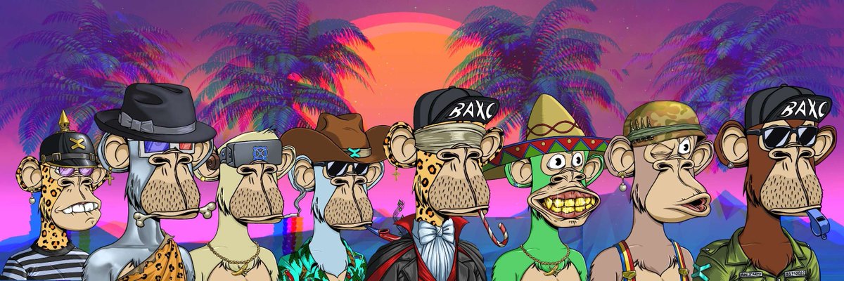 A colorful digital illustration of seven cartoon Bored Ape-style characters in various outfits including military caps labeled 'BAXC', a sombrero, and sunglasses, set against a tropical sunset with palm trees.