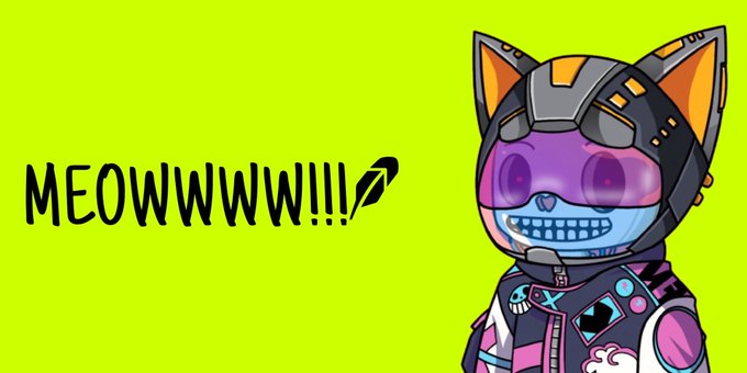 A bright neon green background featuring a cyberpunk-style cat character wearing a futuristic helmet and outfit with pink goggles, alongside the text 'MEOWWWWW!!' with a feather decoration.
