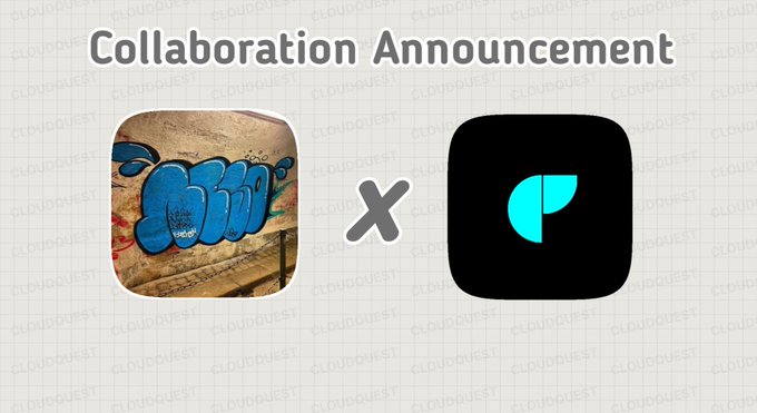 A "Collaboration Announcement" graphic featuring a graffiti-style NFT artwork labeled "NESO" next to a teal "P" logo on a black background, both displayed over a "CloudQuest" watermark pattern, promoting a whitelist giveaway for the Neso NFT Collection.