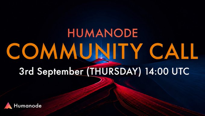 The image is a promotional graphic for the Humanode Community Call scheduled for 3rd September (Thursday) at 14:00 UTC, featuring a dark background with a stylized red road design leading toward a bright light. The caption complements the post by visually announcing the upcoming community call, with bold orange and white text emphasizing the event details against the dramatic, futuristic road imagery that conveys a sense of direction and forward momentum for the Humanode ecosystem.
