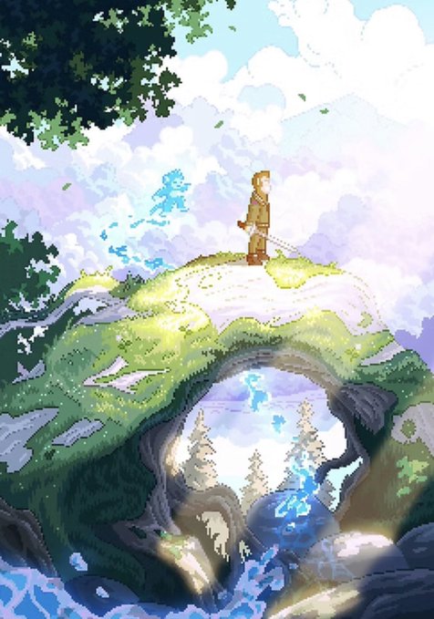 Pixel art style illustration of a character standing on a grassy, mossy rock bridge above flowing water, accompanied by small blue spirit-like figures.