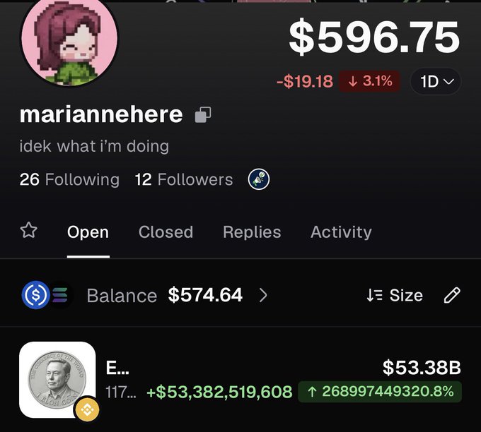 A profile screen for user 'mariannehere' on what appears to be a portfolio tracker, showing a balance of $596.75 (down 3.1%) and a separate holding with a +$53,382,519,608 gain.