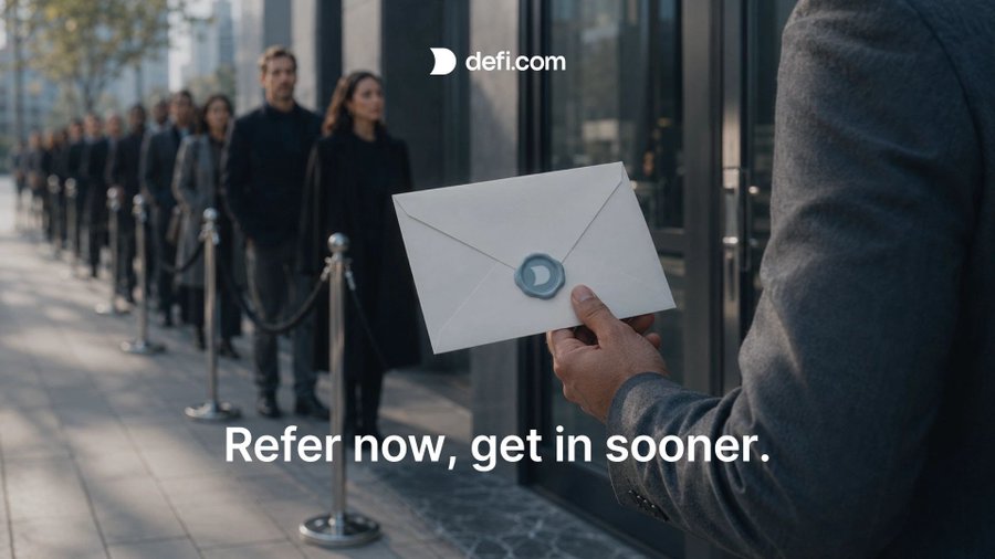 A defi.com advertisement featuring a line of people waiting outside a building while a hand holds an envelope with the defi.com seal, captioned 'Refer now, get in sooner.'