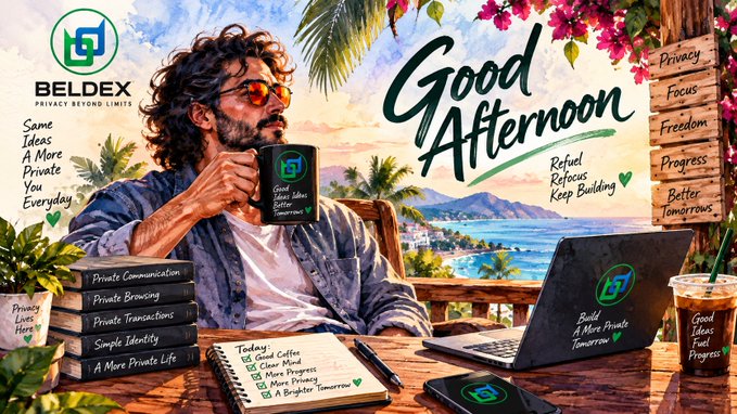 A promotional graphic for BELDEX featuring a man with curly hair holding a branded mug, surrounded by text including 'Good Afternoon,' 'Privacy,' 'Freedom,' and 'Build A More Private Tomorrow.'