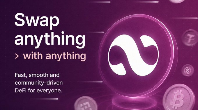 A purple promotional graphic features the text "Swap anything > with anything" and "Fast, smooth and community-driven DeFi for everyone." alongside the white PactSwap logo displayed on a glowing circular disc, with various cryptocurrency coins visible in the background, directly reinforcing the post's message about enabling seamless cross-chain swaps like native BTC to native ETH without bridge risk.