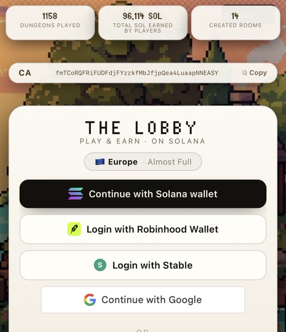 A screenshot of a login screen for 'THE LOBBY - PLAY & EARN - ON SOLANA', showing login options including Solana wallet, Robinhood Wallet, Stable, and Google, with statistics at the top like '1158 DUNGEONS PLAYED' and '96,114 SOL TOTAL SOL EARNED BY PLAYERS'.