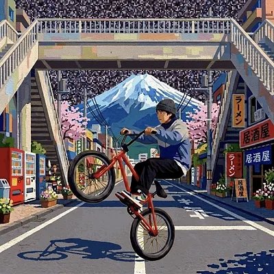 The image features a man riding a bicycle, performing a wheelie trick while going up a flight of stairs or over an elevated structure such as a bridge. The scene takes place in front of a building with Asian writing on it, suggesting that this is likely set in an Asian city. The post about the street rider has been shared by @objktcom and is titled "Collected."