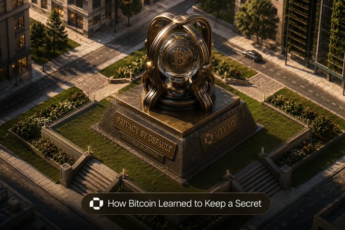 The image features a large, ornate bronze statue of a globe with a Bitcoin symbol at its center, situated in a city square surrounded by buildings. The text "How Bitcoin Learned to Keep a Secret" is displayed below the statue, suggesting that the Bitcoin network has been designed to maintain privacy and security. This message is relevant to the post about enterprise adoption of blockchain technology, as it highlights how Bitcoin's core principles can be applied to other areas beyond cryptocurrency.