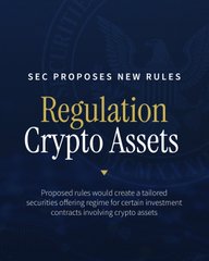 A dark blue graphic with the headline 'SEC PROPOSES NEW RULES' and 'Regulation Crypto Assets', noting that proposed rules would create a tailored securities offering regime for certain investment contracts involving crypto assets.