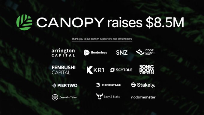 The image announces that CANOPY has raised $8.5M, displaying logos of partners and supporters including Arrington Capital, Borderless, SNZ, Code Craft, Fenbushi Capital, KR1, SCVTALE, Sonic Boom Ventures, Piertwo, Rhinostake, Stakely, Lavender.Five, Easy 2 Stake, and node monster, which aligns with the post celebrating the funding as validation for AI-native Web3 infrastructure.