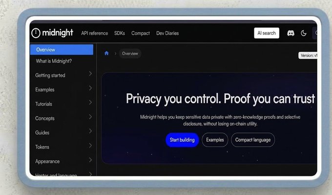A digital tablet displays the "midnight" API reference website, featuring the headline "Privacy you control. Proof you can trust" along with a sidebar menu.