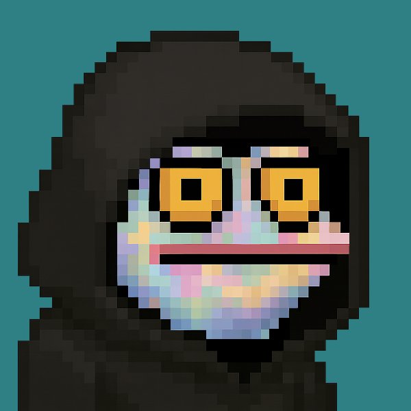 Pixel art illustration of a hooded monkey or ape character with yellow-orange eyes against a teal background.