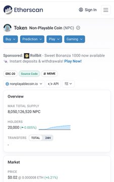 A screenshot from Etherscan showing the 'Token Non-Playable Coin (NPC)' page with a max total supply of 8,050,126,520 NPC, 20,000 holders, and a price of $0.02.