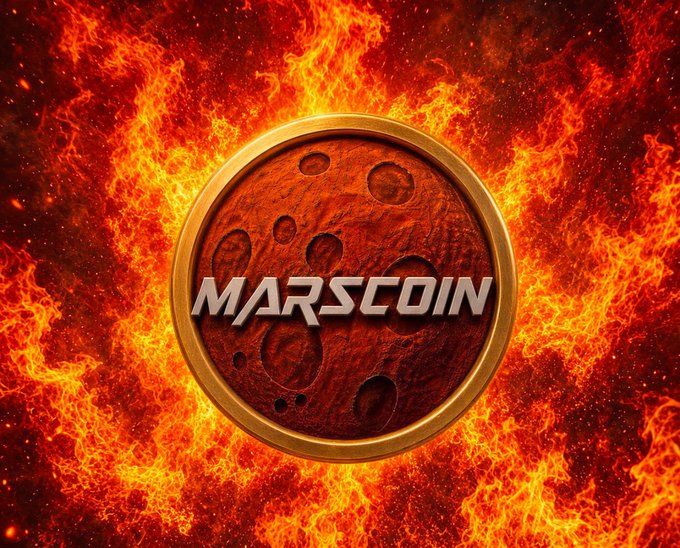 A promotional graphic for 'MARSCOIN' cryptocurrency, featuring the name in metallic silver text across a rusty red/Mars-like planet coin surrounded by intense flames and fire.